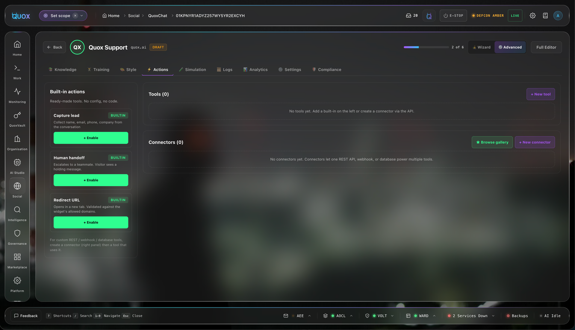 The QuoxChat tool and connector framework, configuring an action a widget can take