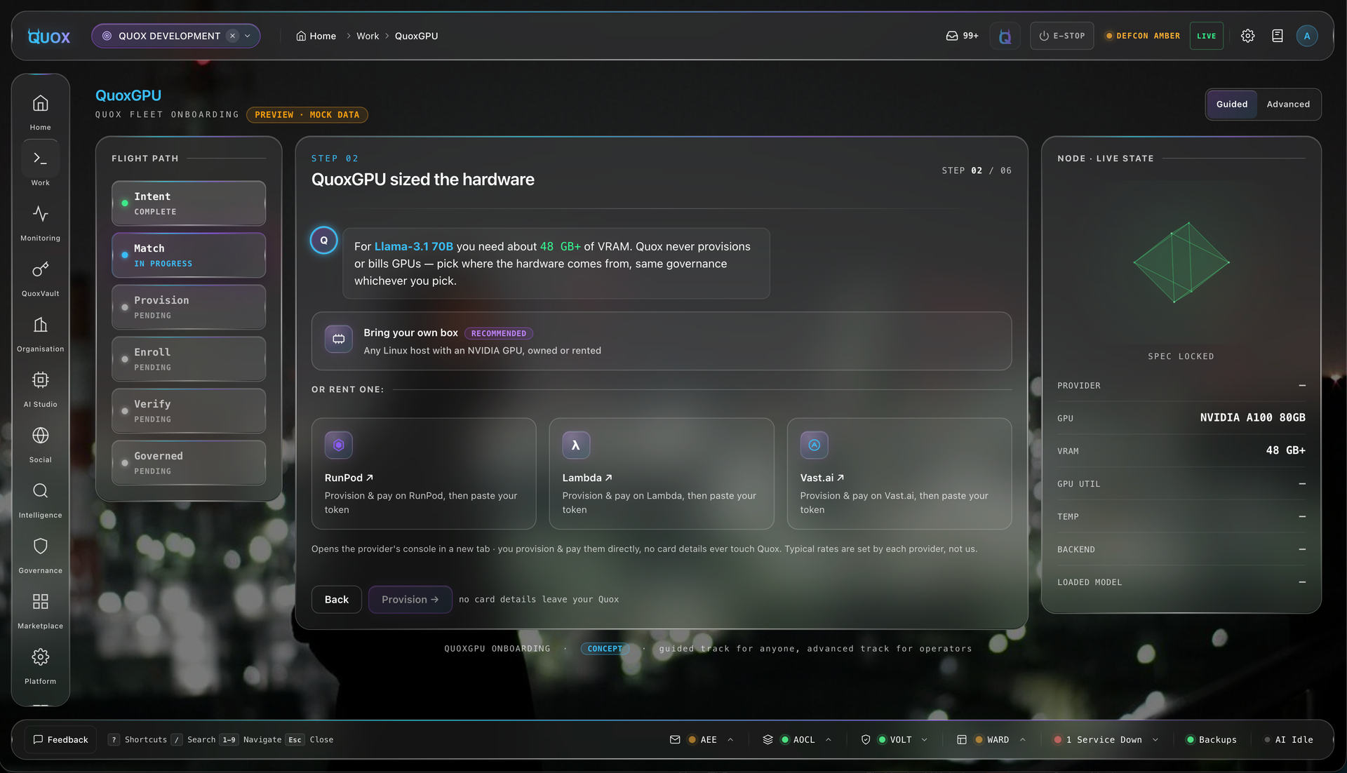 The QuoxGPU onboarding flow's Match step: a flight path with Intent complete and Match in progress, Q's VRAM recommendation for Llama-3.1 70B, a recommended bring-your-own-box option, three rental providers, and a live node state panel showing GPU and VRAM locked in.