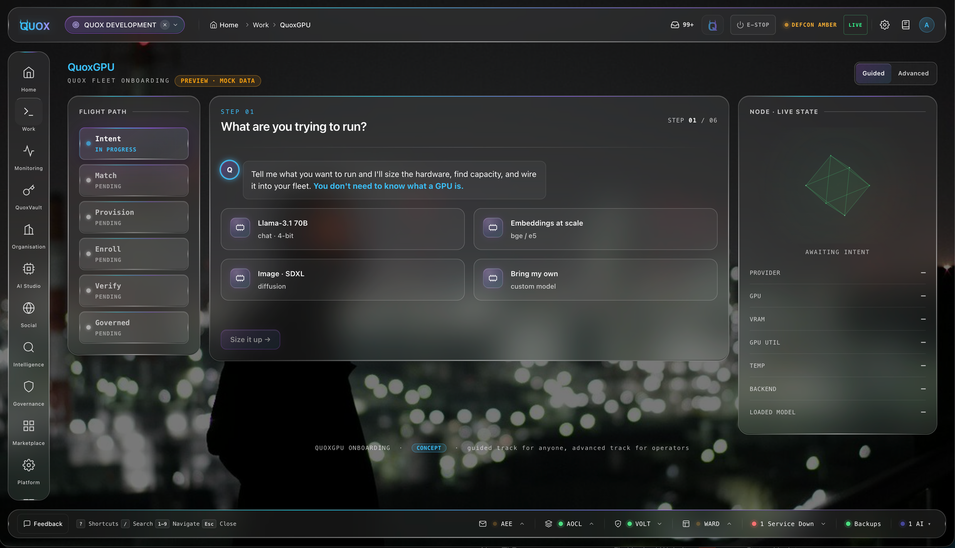 QuoxCORE fleet dashboard showing GPU cards with VRAM, temperature, power and utilisation readings