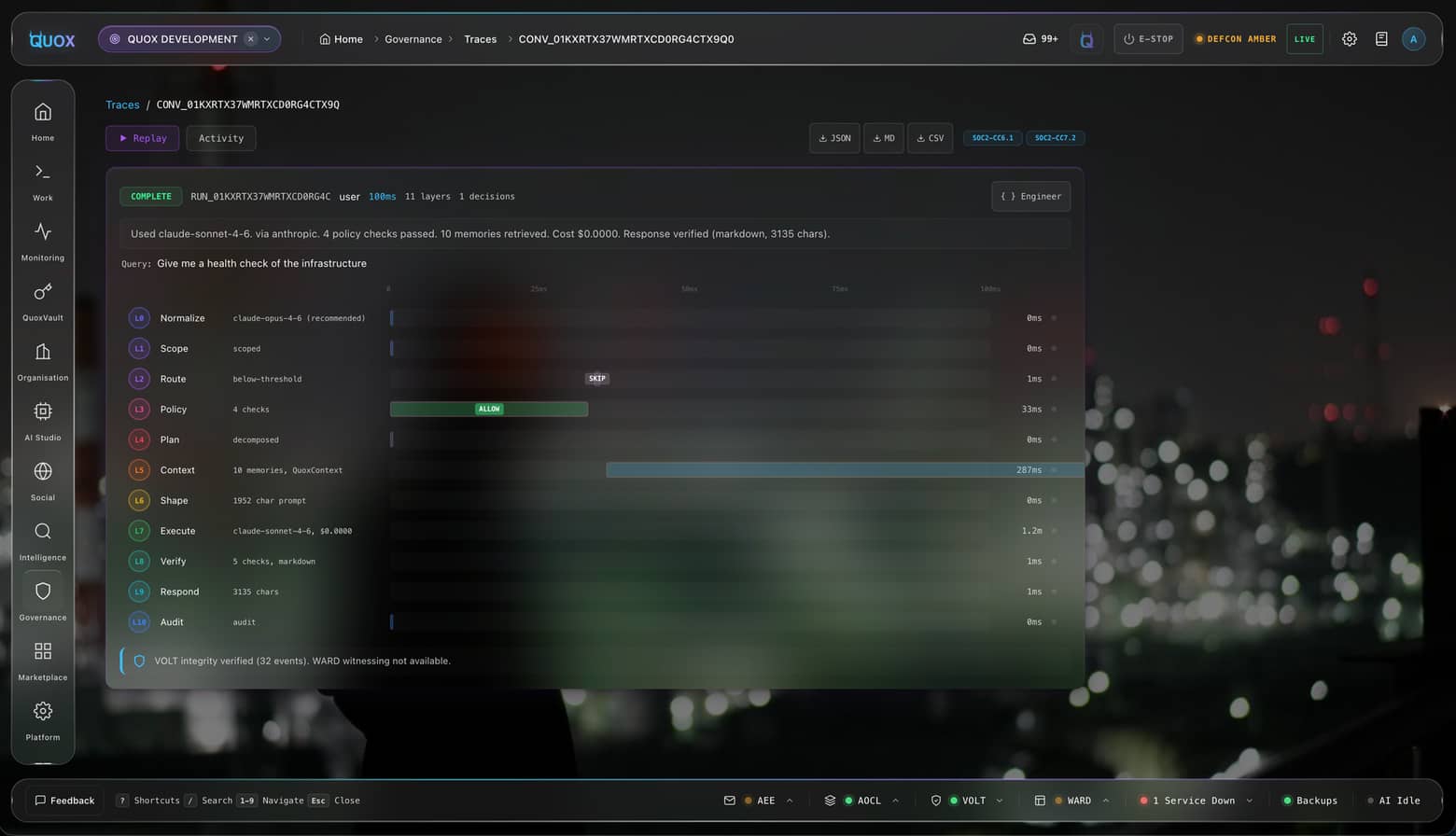 An assembled execution trace in the QuoxCORE dashboard: the per-layer waterfall of one run
