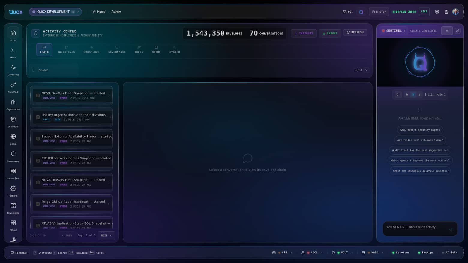 The activity view in the QuoxCORE dashboard: the append-only event stream filtered by surface