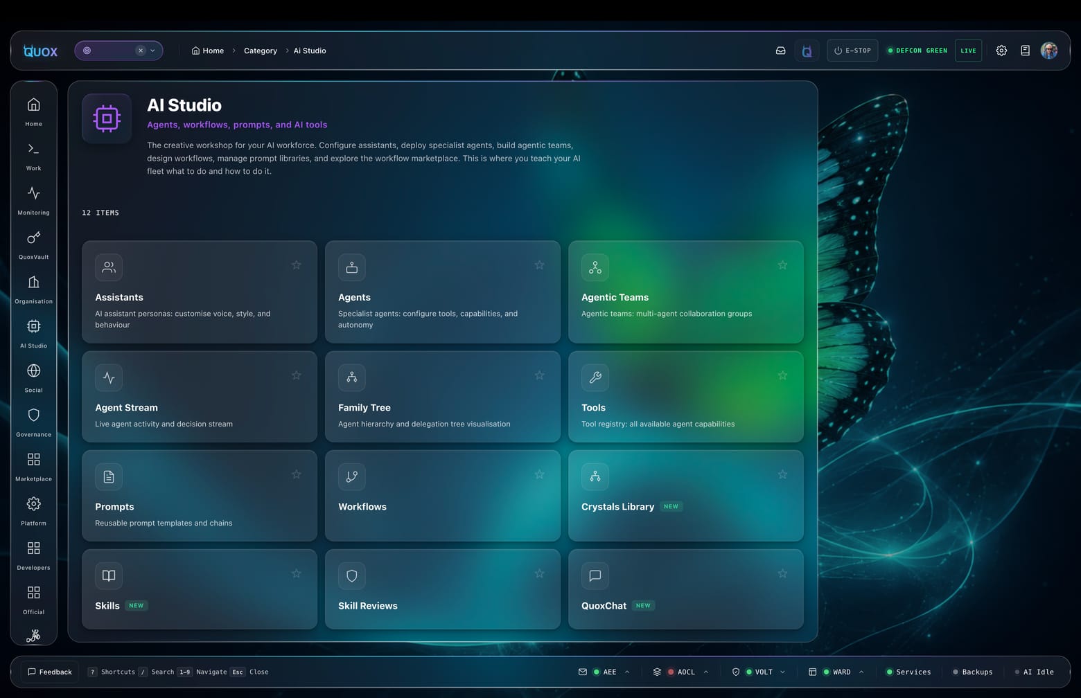 The agent studio in the QuoxCORE dashboard: provider, model routing and capability scopes per agent