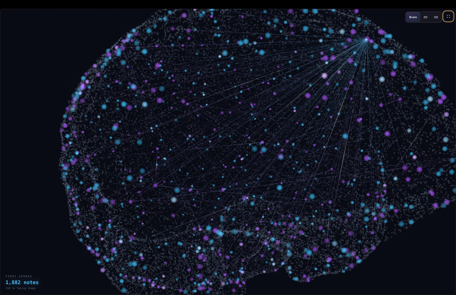 The Brain-view graph panel reading 1,882 notes, 118 waiting to take shape, rendered as a brain-shaped point cloud of purple and blue nodes