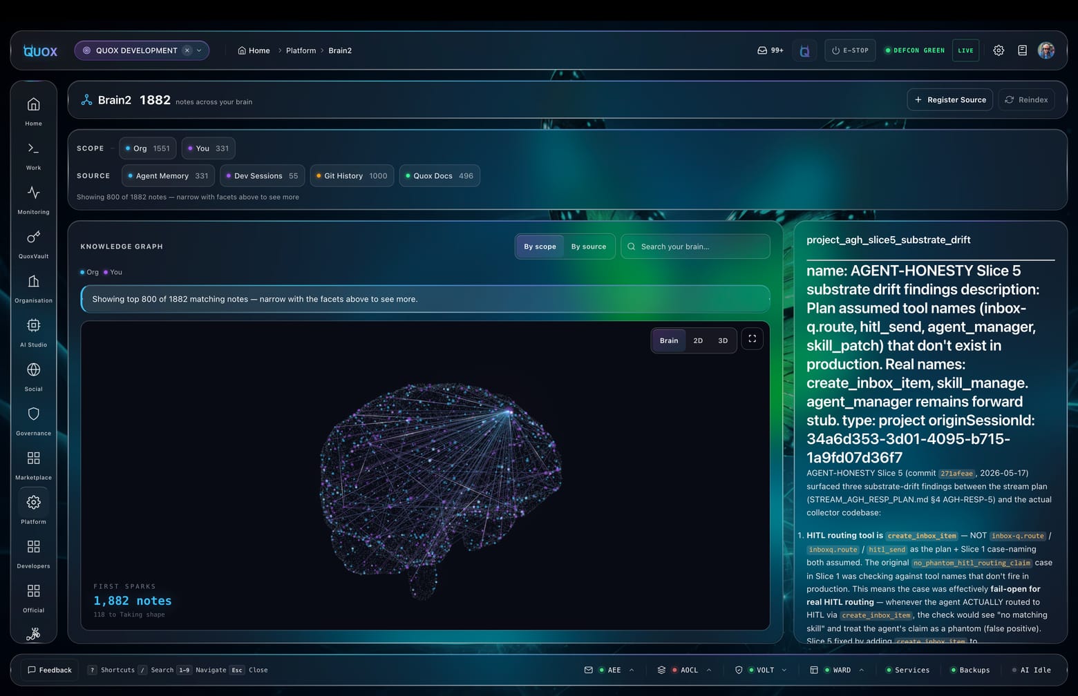 The Brain2 page in the Quox dashboard: scope and source facets above a knowledge graph panel with a Brain, 2D and 3D toggle, a brain-shaped point cloud reading 1,882 notes, and a selected note's full detail open in the right-hand panel.