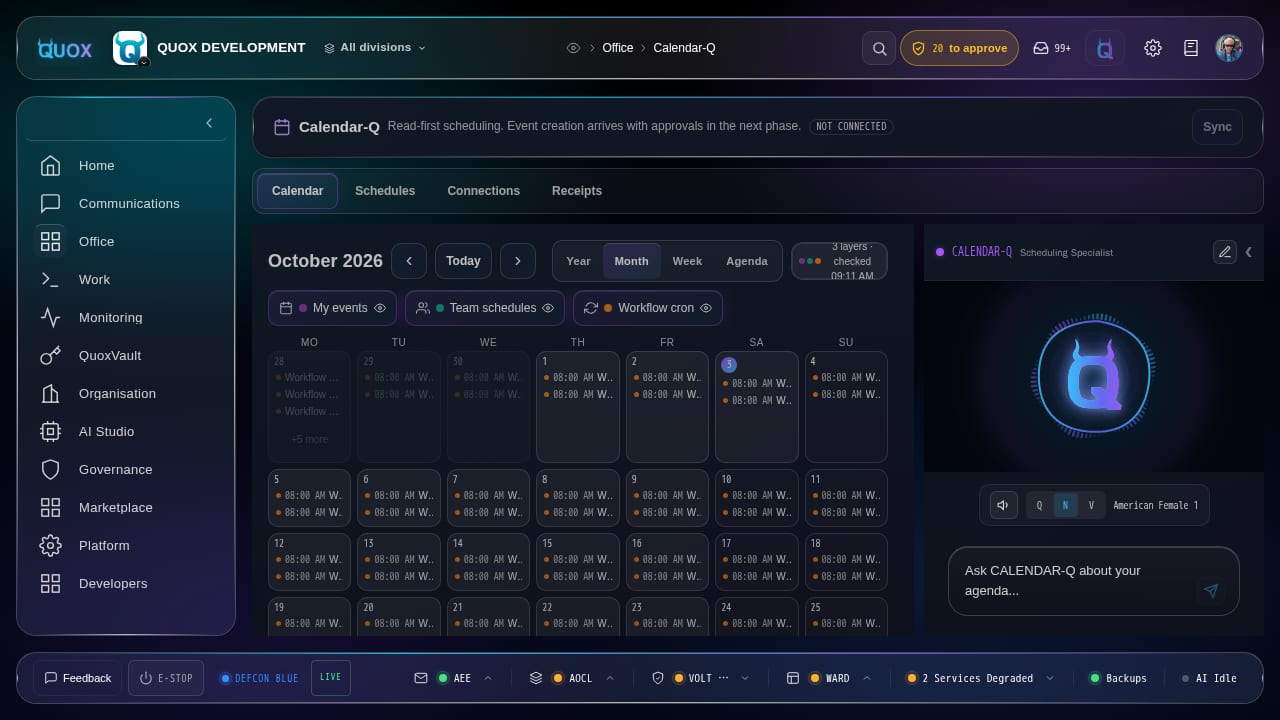 Calendar-Q month grid for October 2026 with three layers toggled on and today circled