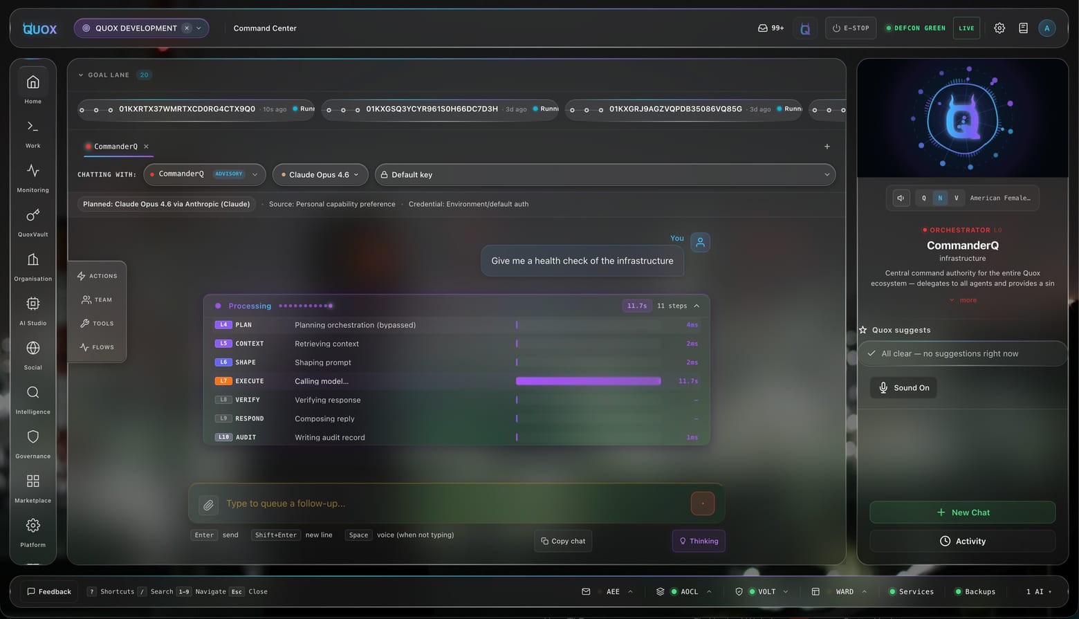 CommanderQ running an infrastructure health check through the AOCL pipeline