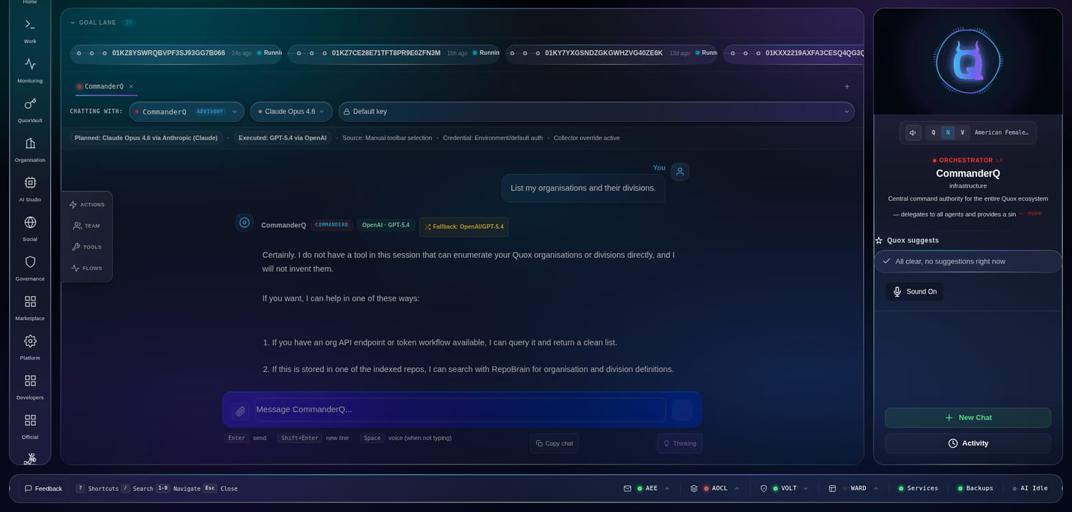 CommanderQ declining to invent a list of organisations and divisions, offering two real ways to get the answer instead.