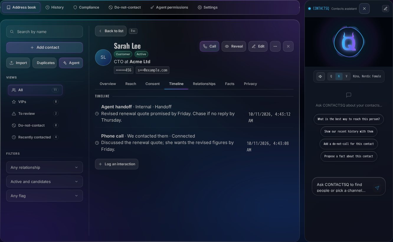 The Timeline tab for the fictional contact Sarah Lee: an agent handoff note about a revised renewal quote, a connected outbound phone call with a summary, and a Log an interaction button.