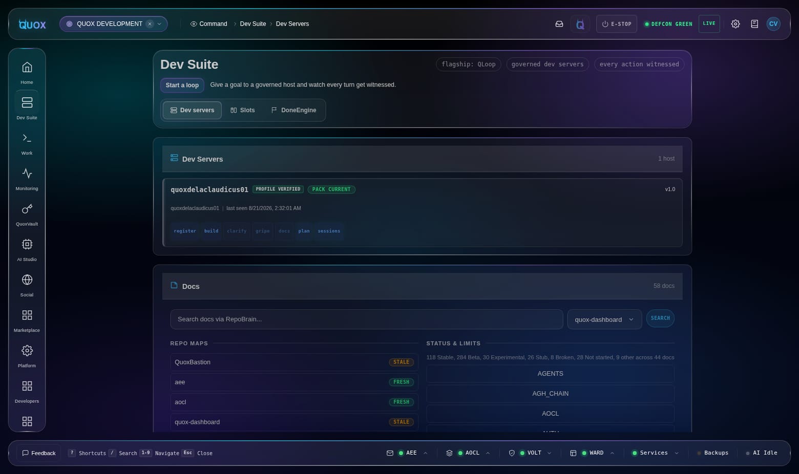 The Dev Servers hub: an enrolled dev server with a verified capability profile, current skill pack and per-capability pills