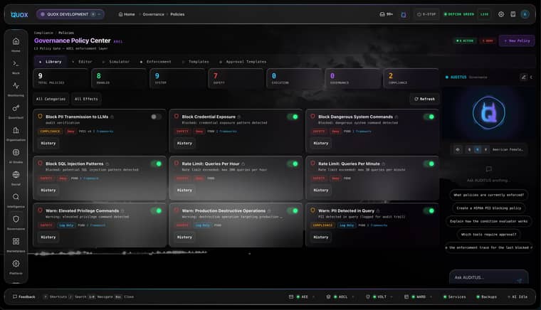 The governance policy centre in the QuoxCORE dashboard: declarative policies with their scopes and states