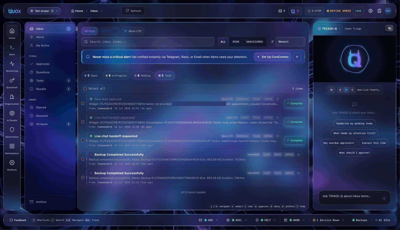 The human-in-the-loop inbox with TRIAGE-Q beside it: approvals, questions and escalations waiting on a person
