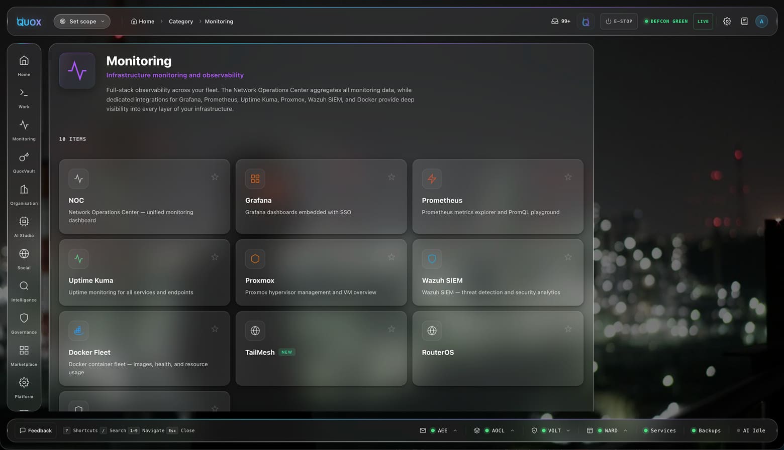 Monitoring submenu navigation inside the QuoxCORE dashboard, showing the NOC suite plugins