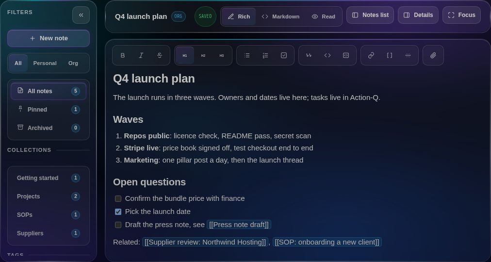 The NotesQ editor open on a note, with Rich, Markdown and Read modes, a formatting toolbar and a checklist.