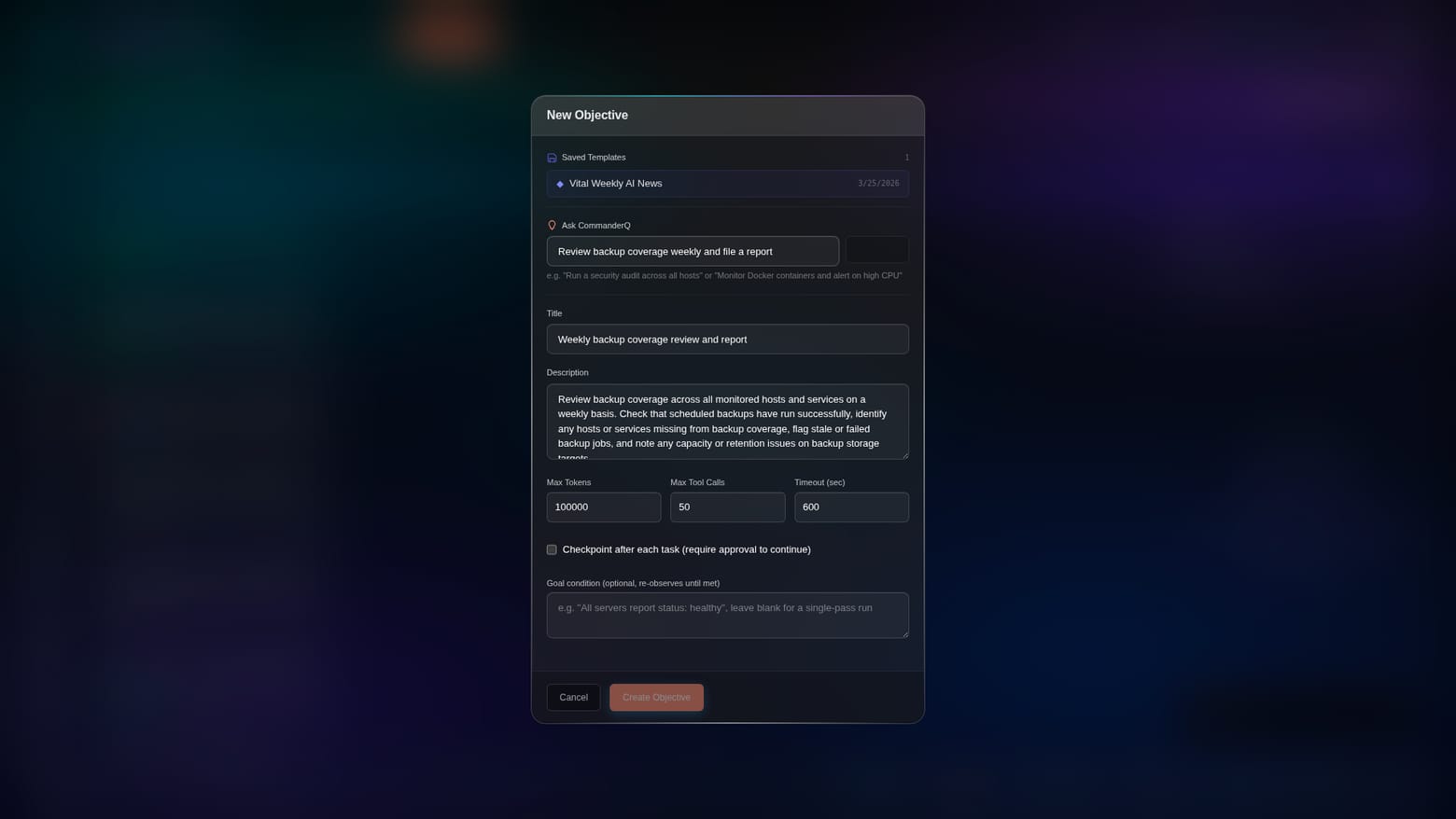 CommanderQ turning a one-line request into a governed plan: generated title and description, token and tool-call budgets, and an approval checkpoint, ready to create