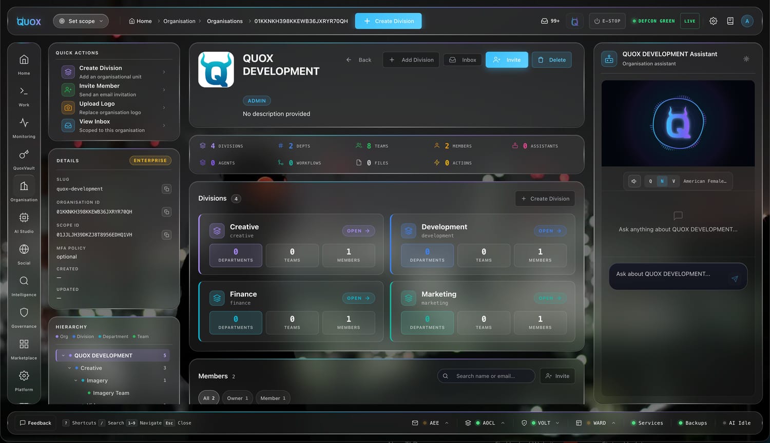 The organisation-level dashboard: a quick actions panel, an organisation details panel with an enterprise badge, a roll-up stats row, a divisions grid for Creative, Development, Finance and Marketing, an expandable hierarchy tree, and an organisation-scoped assistant panel