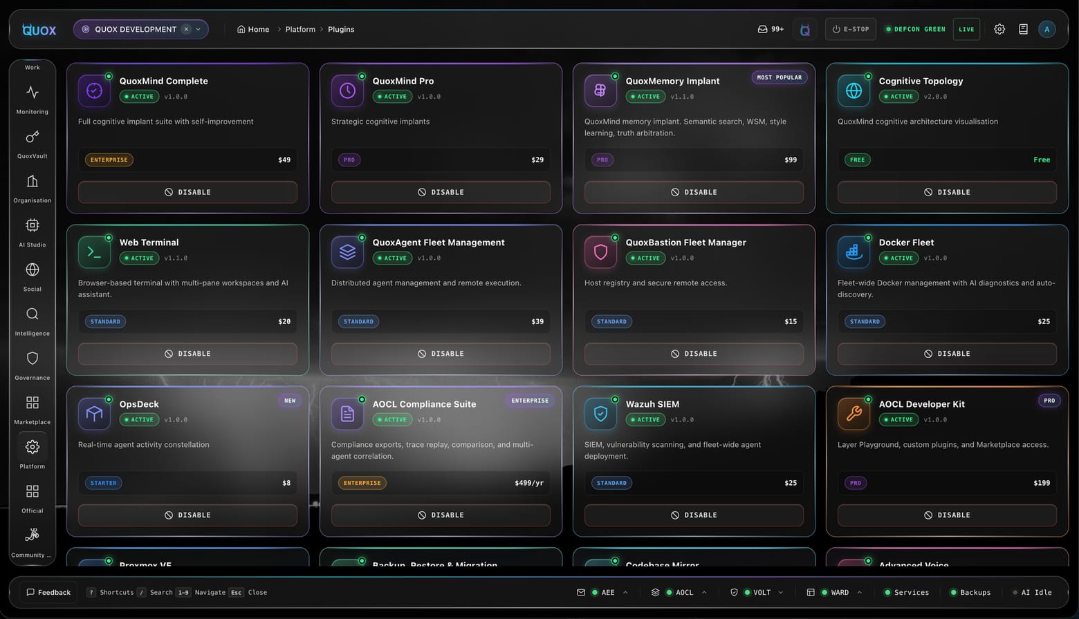 The QuoxCORE plugins dashboard: a breadcrumb to Home, Platform, Plugins, a grid of active plugin cards including QuoxMind Complete at Enterprise $49, QuoxMemory Implant marked Most Popular, Cognitive Topology marked Free, OpsDeck marked New, and AOCL Compliance Suite at Enterprise $499 a year.
