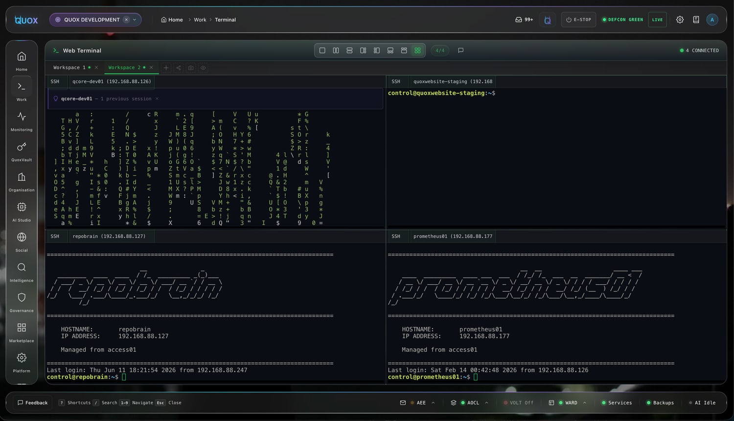 QuoxTerminal desktop app showing split SSH panes on the left and the streaming AI chat sidebar on the right