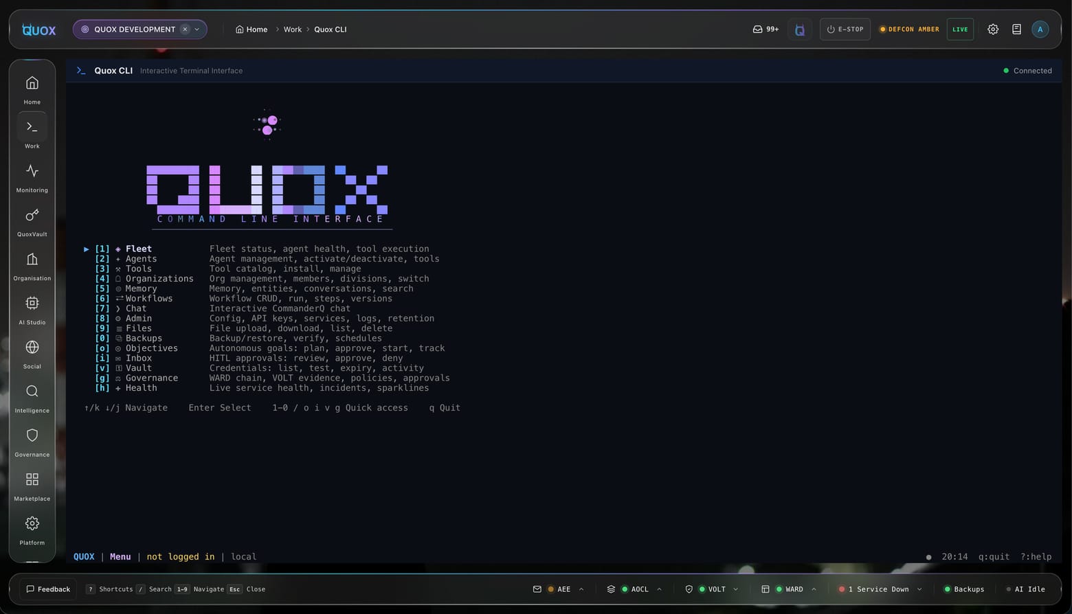 QuoxCLI's terminal and TUI running inside the QuoxCORE dashboard