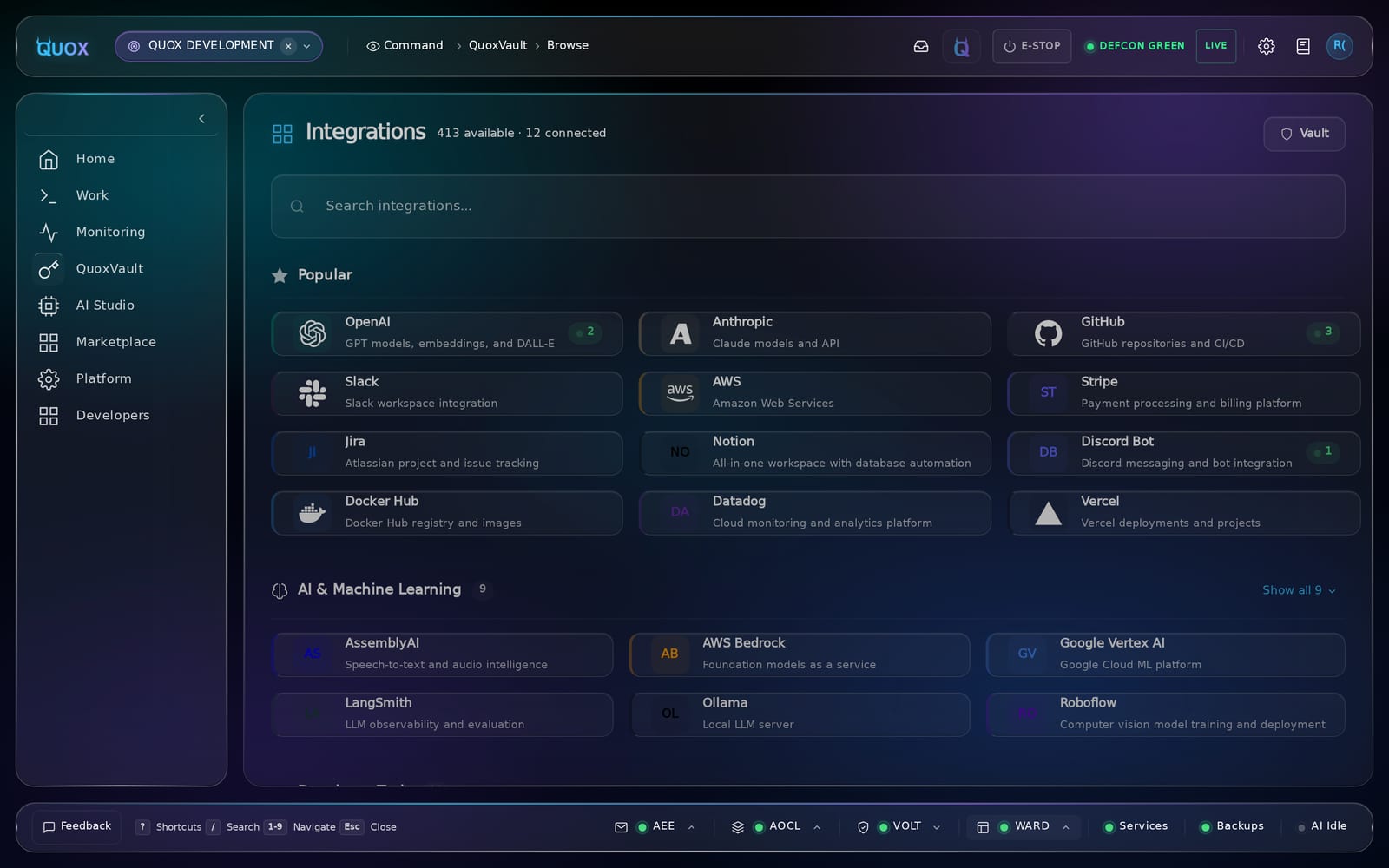 The add-integration browse page in the QuoxCORE dashboard: the integration catalogue, searchable and grouped by category, with connected services badged