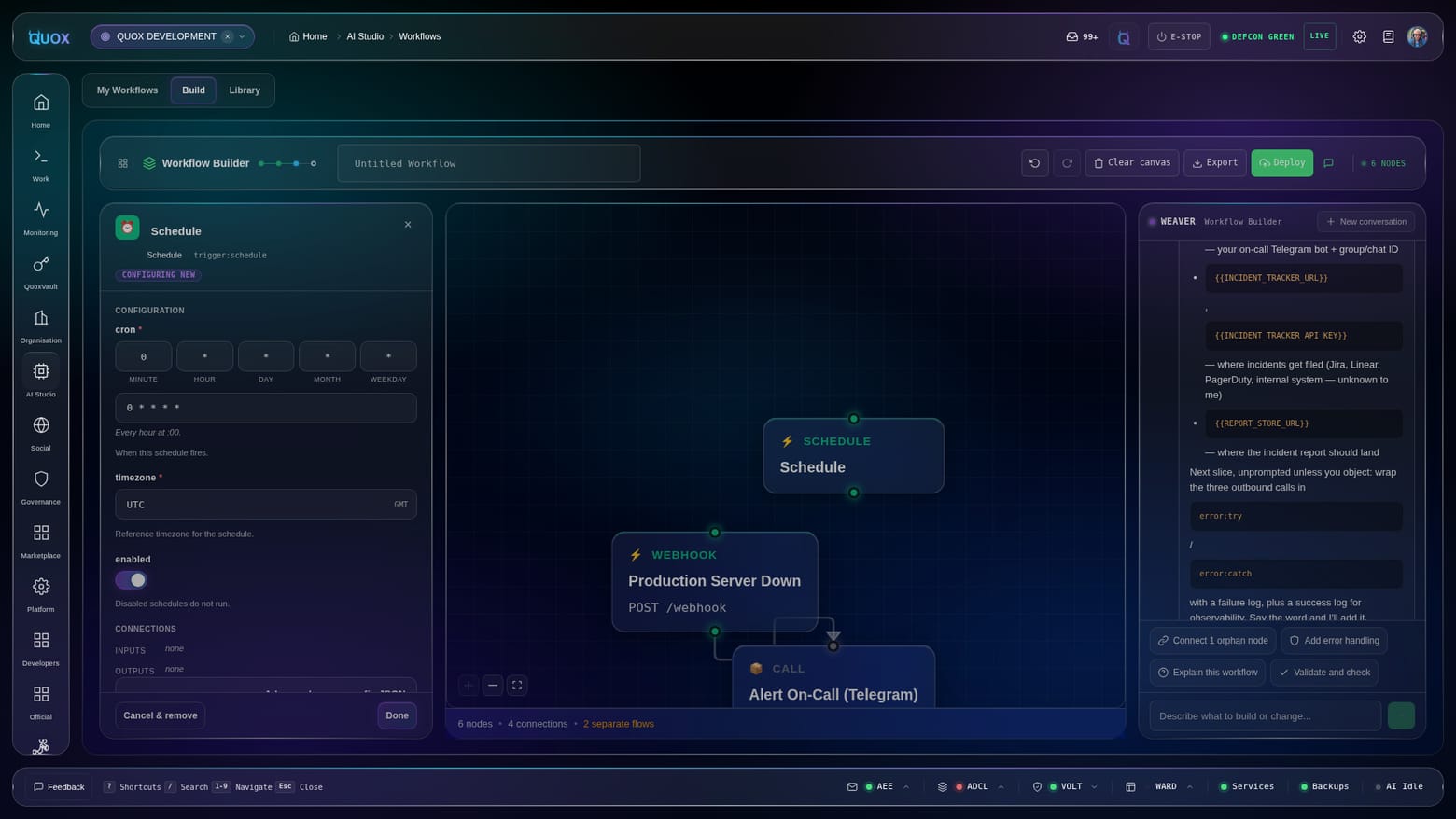 The QuoxFlow workflow builder canvas with nodes wired into a governed pipeline