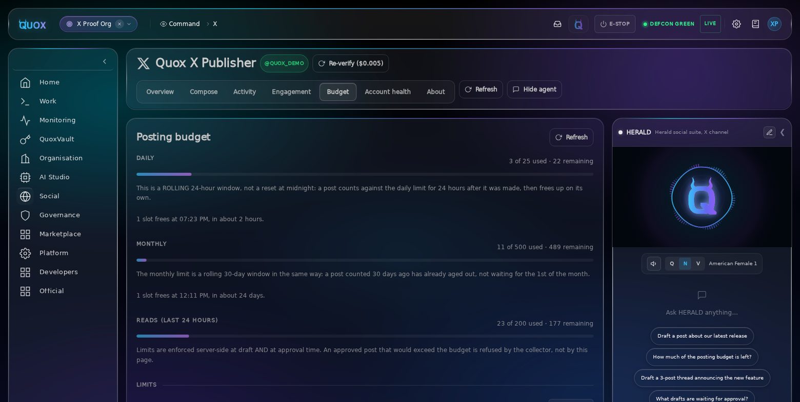 The X plugin Budget tab in QuoxCORE, showing daily, monthly and 24-hour read usage bars with the rolling-window behaviour explained under each.