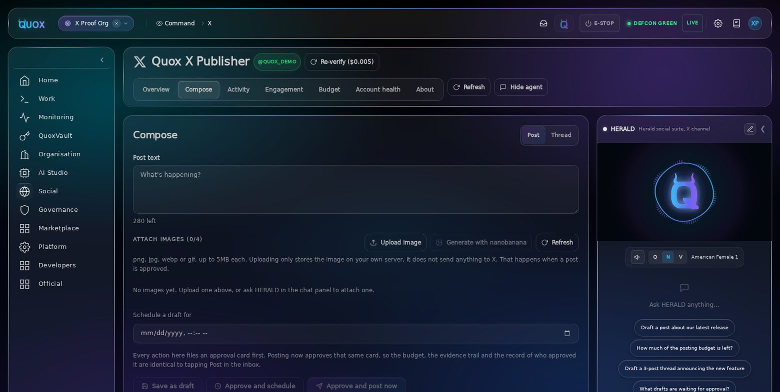 The X plugin Compose tab in QuoxCORE, with a post text box, an attach images control showing zero of four used, a schedule field, and Save as draft, Approve and schedule, and Approve and post now buttons.