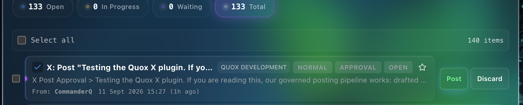 QuoxCORE inbox row for an X post approval item, queued alongside other approvals with QUOX DEVELOPMENT, NORMAL, APPROVAL and OPEN tags and Post and Discard buttons.