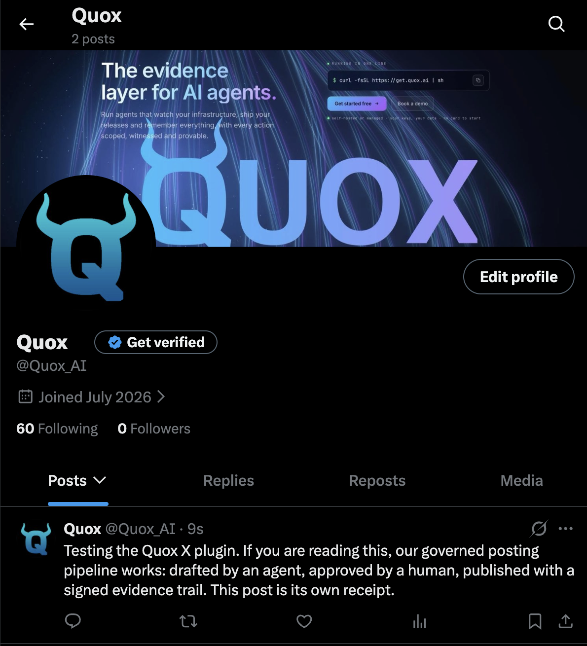 The @Quox_AI profile on X showing the published post that was drafted by the agent and approved through QuoxCORE.