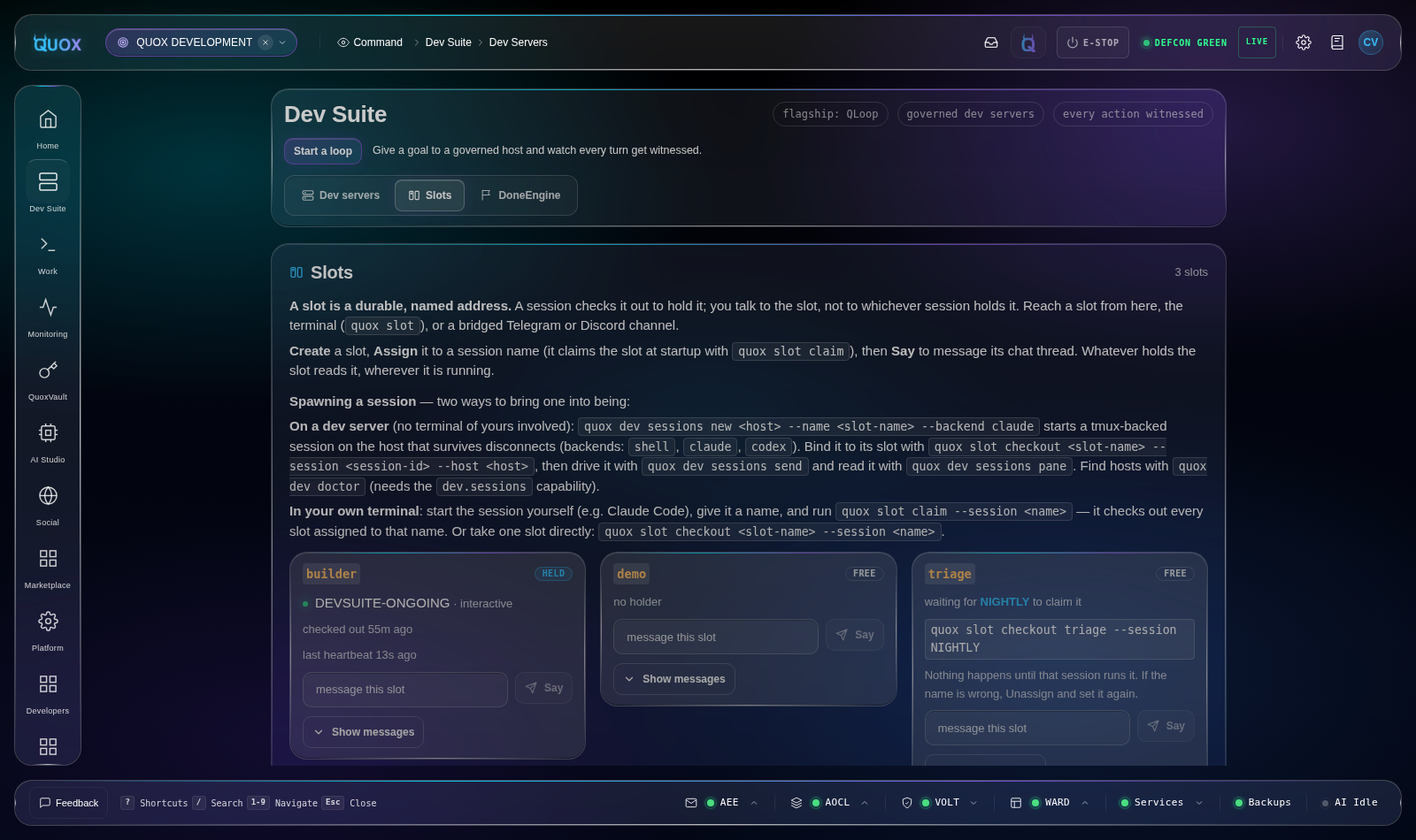 The QuoxSlots deck in the Quox dev suite: three slots with live states, holders and heartbeats