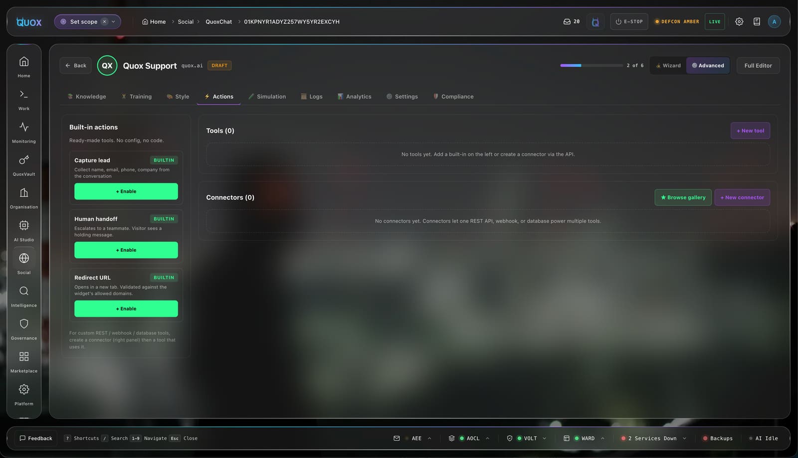 QuoxChat agent tools and actions